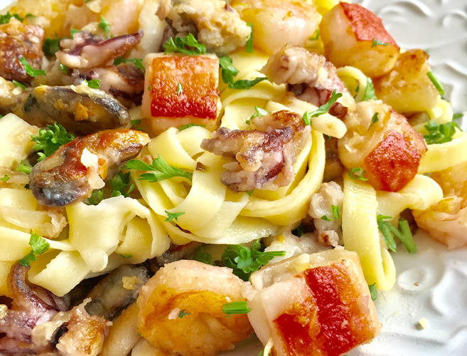 Seafood and Fresh Tagliatelle Pasta with Parsley