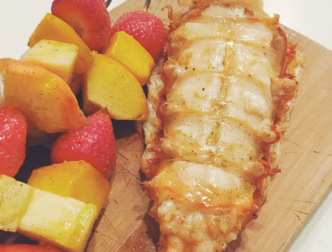 Vanilla BBQ Lobster Tail and Seasonal Fruit Skewers