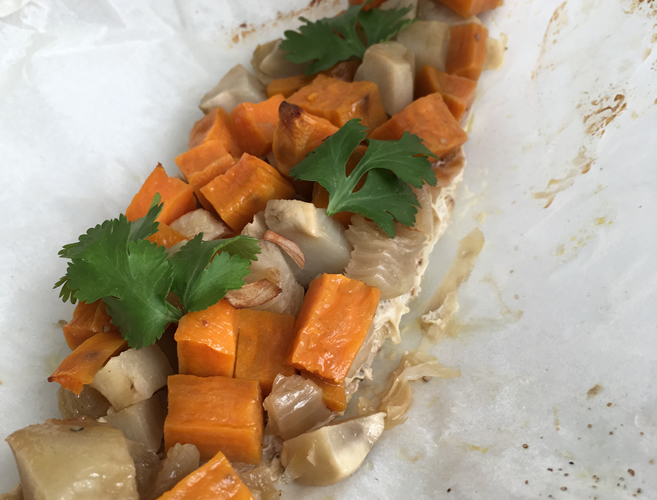 Winter Cod en Papillote with sweet potato and Jerusalem artichoke