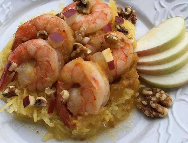 Grilled Butterfly Shrimp on a nest of Spaghetti Squash with Butternut Sauce, Apples and Nuts