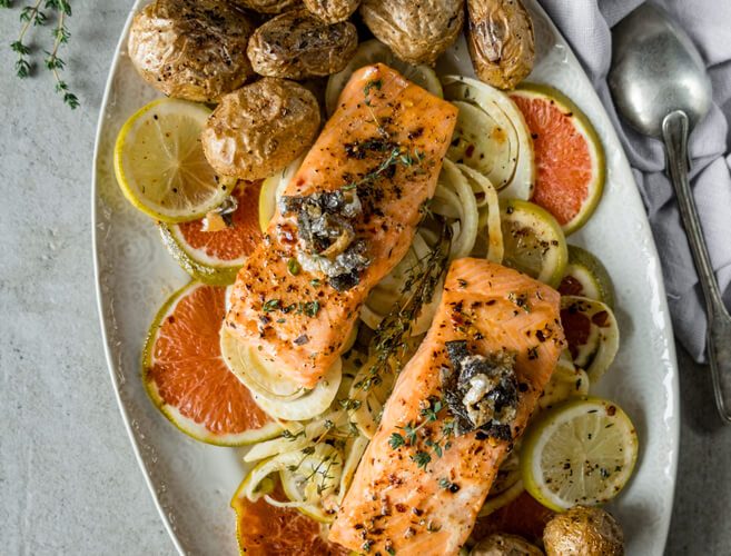 Baked Honey And Citrus Salmon With Fennel And Roasted Potatoes