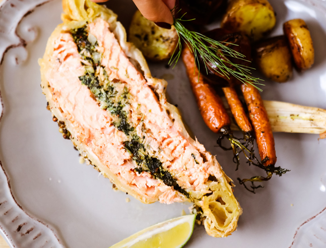 Crusted Salmon With Roasted Vegetables And Cream Sauce