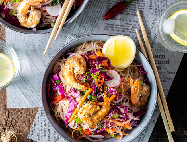 Asian Shrimp Noodle Salad With a Soy Tahini Honey Dressing