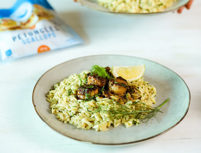 Seared Scallops In Lemon Butter Sauce With Orzo And Herbs