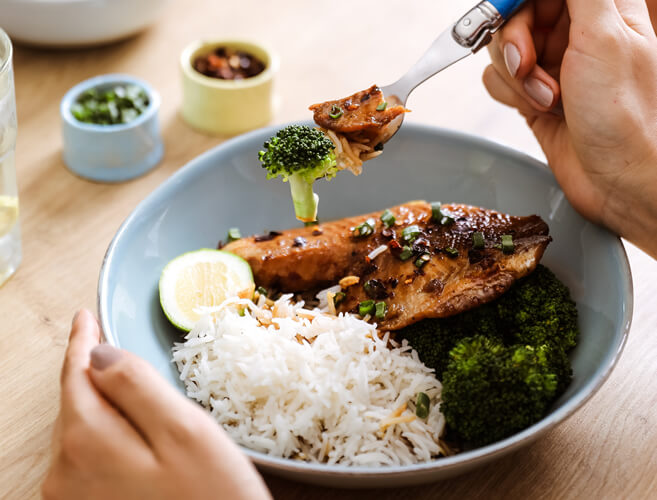 Miso glazed tilapia with rice and broccoli