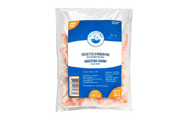 Frozen Wild Shrimp Red Argentine – Peeled & Deveined (P&D) – Tail On – Individually Quick Frozen (IQF) 907g 21/25