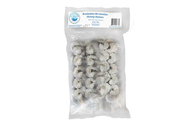 Crevettes d’élevage Surgelées Blanches – Avec Queue – Brochettes  4.54kg 5pcs/brochette
