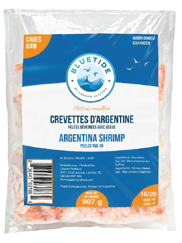 Crevettes sauvages rouges d’Argentine surgelées – décortiquées et déveinées (P&D) – avec queue – surgelées individuellement 16/20 907g