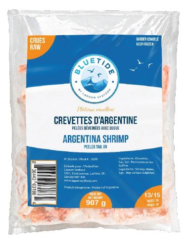 Frozen Wild Shrimp Red Argentine – Peeled & Deveined (P&D) – Tail On – Individually Quick Frozen 13/15 907g