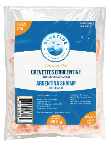 Frozen Wild Shrimp Red Argentine – Peeled & Deveined (P&D) – Tail On – Individually Quick Frozen 31/40 907g