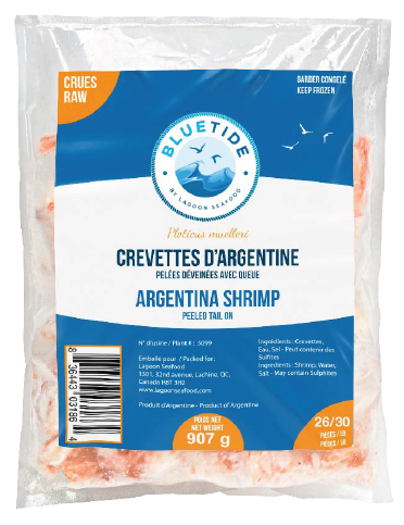 Frozen Wild Shrimp Red Argentine – Peeled & Deveined (P&D) – Tail On – Individually Quick Frozen 26/30 907g