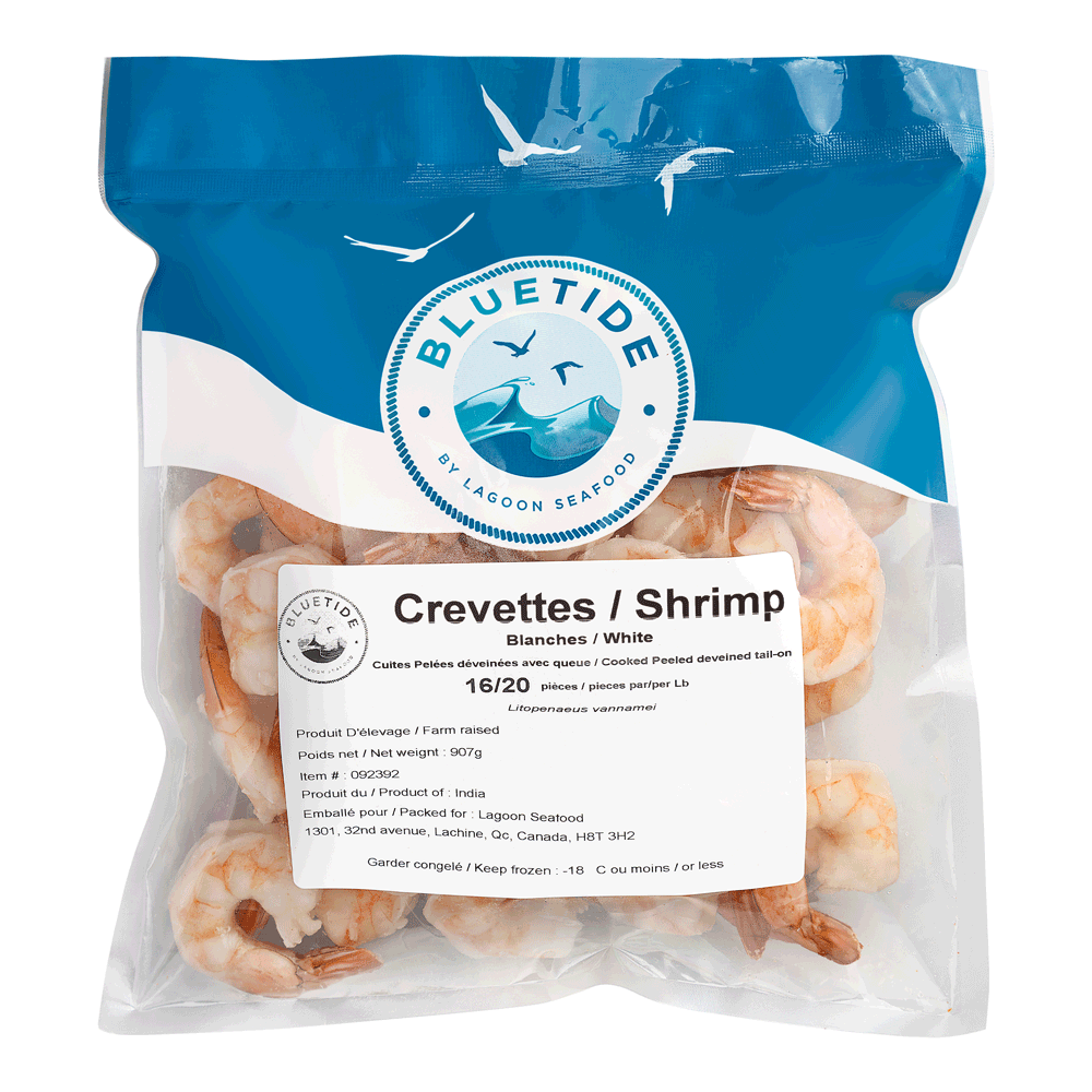 16/20 5 x 907 g Frozen Farm Shrimp White Cooked P&D Tail On IQF India Lagoon Seafood