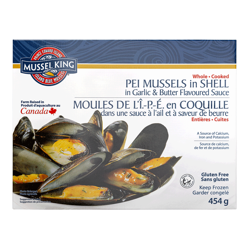 20 x 454 g Frozen Farm Mussel Cooked Garlic Butter Canada Lagoon Seafood