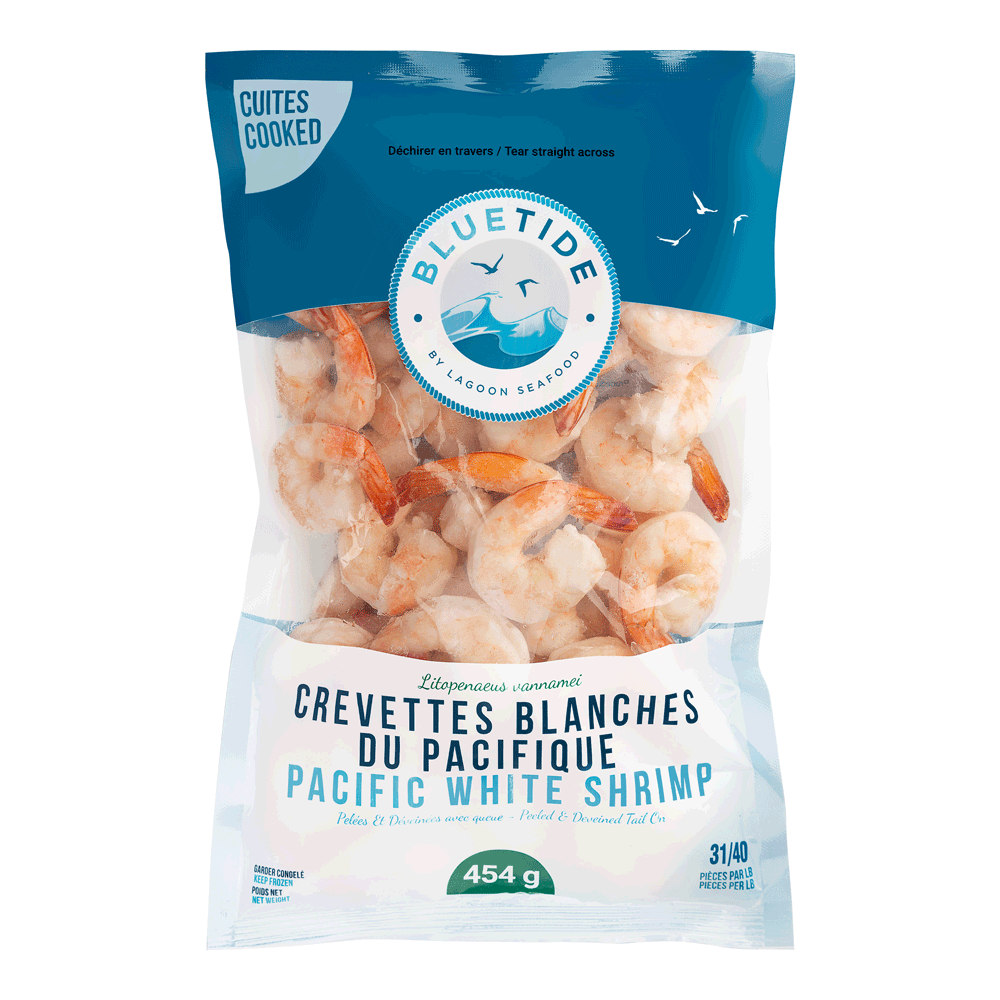 31/40 20 x 454 g Frozen Farm Shrimp White Cooked P&D Tail On India Lagoon Seafood