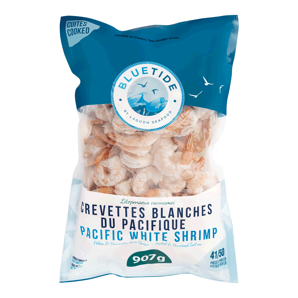 41/50 5 x 907 g Frozen Farm Shrimp White Cooked P&D Tail On IQF India Lagoon Seafood