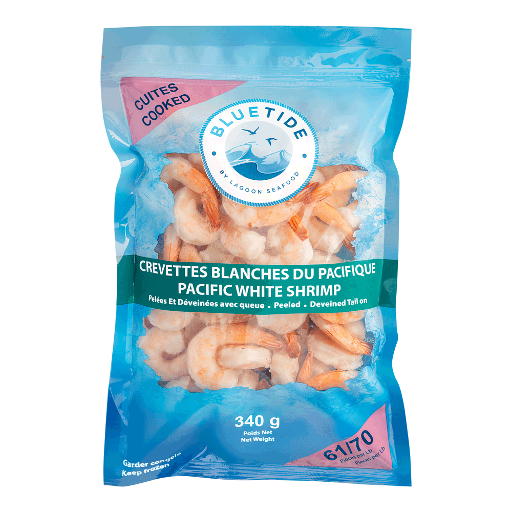 61/70 12 x 340 g Frozen Farm Shrimp White Cooked P&D Tail On IQF India Lagoon Seafood