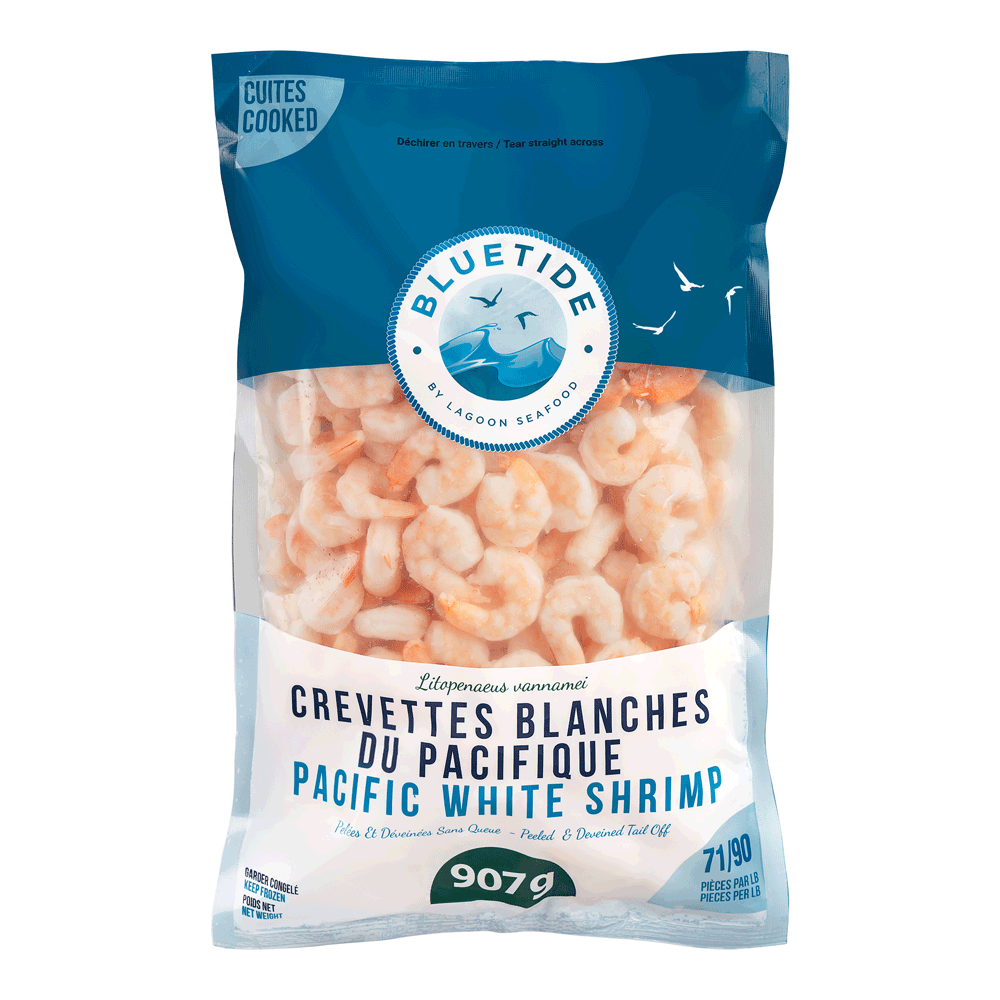 71/90 5 x 907 g Frozen Farm Shrimp White Cooked Peeled & Deveined Tail-off IQF India Lagoon Seafood