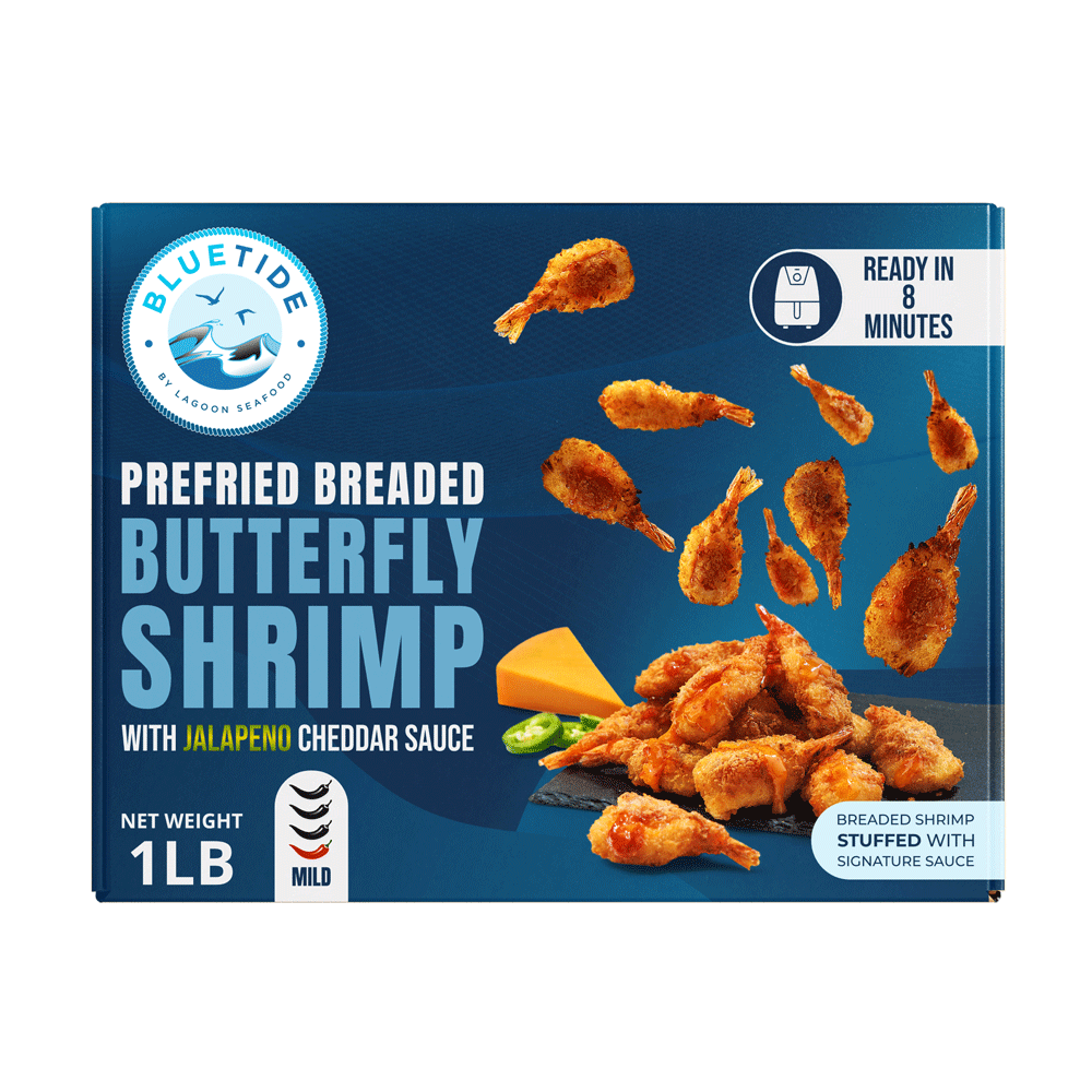 10 x 454 g Frozen Prefried Breaded Butterfly Shrimp with Jalapeño Cheddar Sauce Thailand Lagoon Seafood
